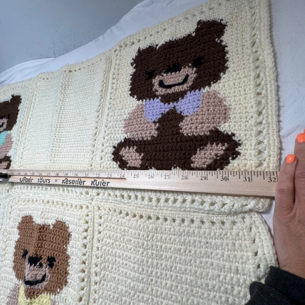 Vintage Crochet Teddy Bear Baby Blanket Pillow Set Handmade Cream Pastel 39 x 32